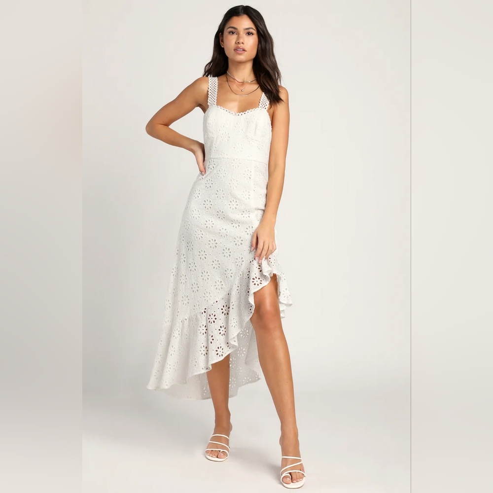 Lulus Adoring Days White Eyelet Ruffled Asymmetrical Dress